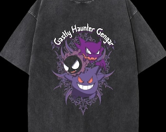 Retro Poke Graphic T-Shirt: Black Acid Wash Anime Tee