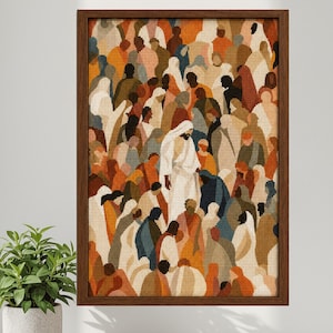 May include: Framed cross stitch pattern featuring a crowd of people in various skin tones, with a central figure in white. The artwork is in a wooden frame and includes the text "Cross Stitch Pattern" at the top. The color palette includes warm earth tones.
