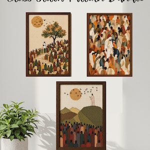 May include: Three framed cross stitch patterns titled Cross Stitch Pattern Bundle. The designs feature stylized scenes with figures in earth tones, including a crowd under a tree, a gathering around a central figure, and a figure on a hill.