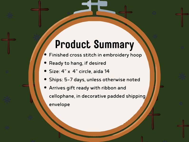 Puede incluir: Un bastidor de bordado circular de madera que contiene una tela blanca con el texto Product Summary, Finished cross stitch in embroidery hoop, Ready to hang, if desired, Size: 10,16 cm x 10,16 cm circle, aida 14, y Arrives gift ready.