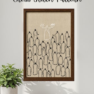 Puede incluir: Patrón de punto de cruz enmarcado en un marco de madera marrón. La obra presenta un fondo beige con figuras negras y una figura central blanca. El texto "Cross Stitch Pattern" está en la parte superior.