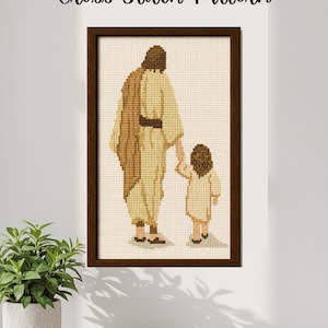 Puede incluir: Un patrón de punto de cruz enmarcado con el texto Cross Stitch Pattern en la parte superior. La imagen muestra una figura con una túnica larga de color beige y faja marrón, sosteniendo la mano de una figura más pequeña con túnica clara.