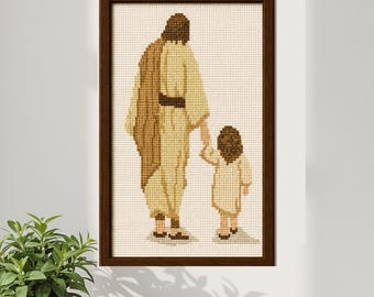 Patrón de punto de cruz de Cristo caminando con una niña / Bordado cristiano / Patrón de Jesucristo / Descarga en PDF con temática religiosa