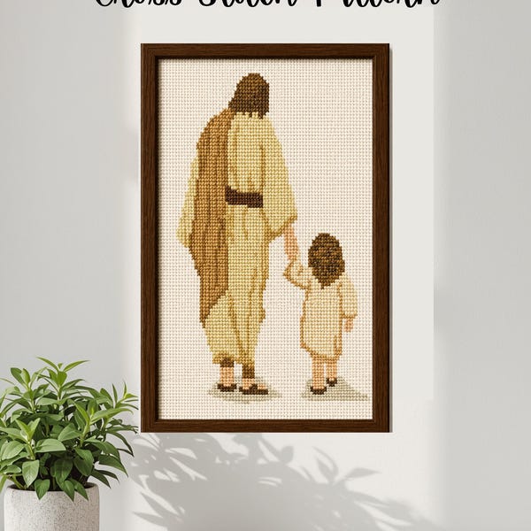 Christ Walking With Girl Cross Stitch Pattern | Christian Embroidery | Jesus Christ Pattern | Faith-Based PDF Download