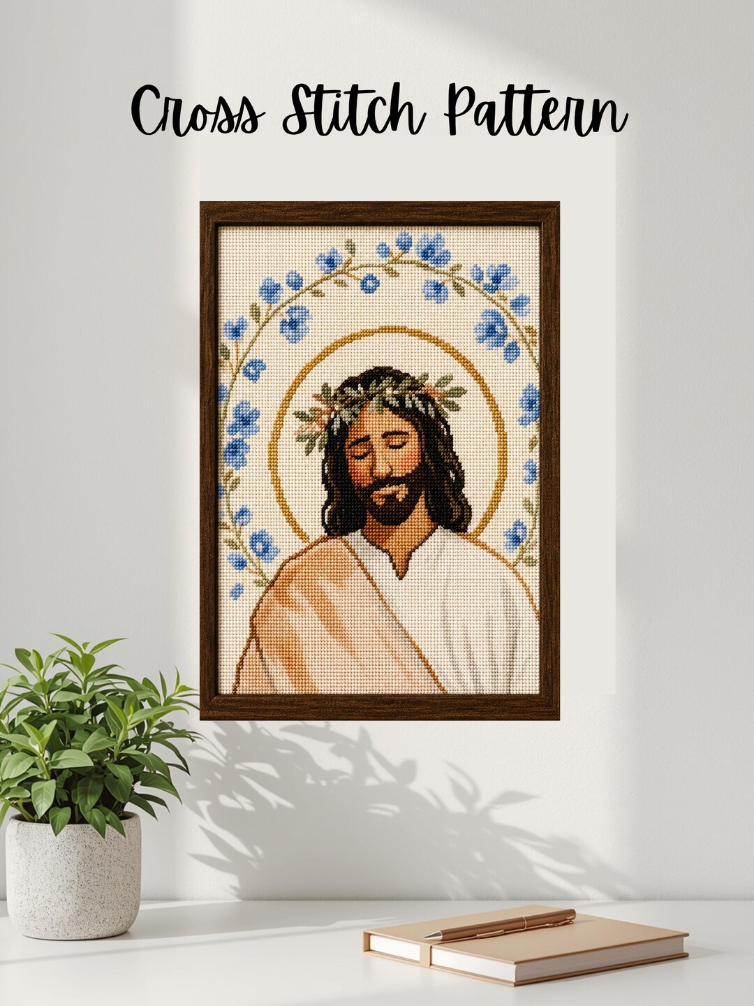 Christ in Wreath Crown Cross Stitch Pattern | Christian Embroidery ...
