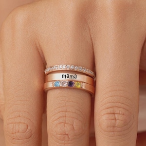 Personalized 1-7 Family Birthstone Name Stacking Ring • Custom Engraved Name Ring • Gift For Her • Handmade Jewelry • Christmas Gift For Mom
