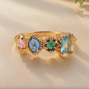Custom Gold Birthstones Ring, Personalized 2-7 Family Birthstone Band, Multi Birthstone Ring, Mothers Ring, Birthday Gift for Mom Grandma