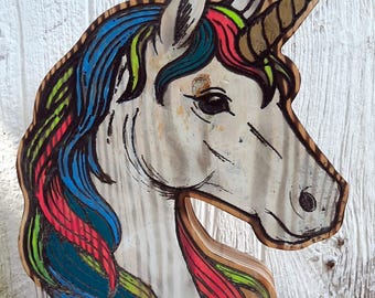 Busto de unicornio de madera tallada y pintada a mano - Colores personalizables