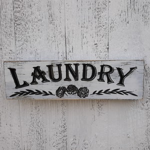 Home Laundry Sign, Carved Distressed Wooden Laundry Sign, Rustic Farmhouse Kitchen Decor, Painted Wood Sign