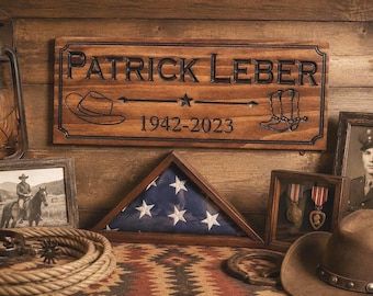 Personalized Western Memorial Sign, Custom Cowboy Wood Sign, V-Carved Rustic Tribute Gift