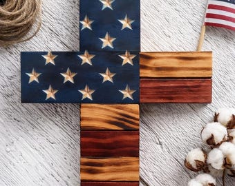 Rustic Burnt Wood American Flag Cross: Patriotic Wall Decor