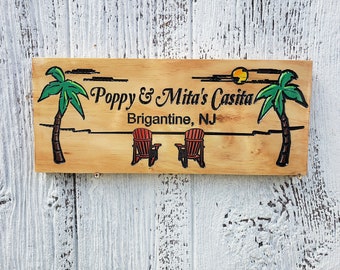 Beach Sign with Chairs and Palm Trees, Personalized Camp Sign with Family Names, Wooden Cabin Decor, Custom Beach Sign, Custom Sign, B109