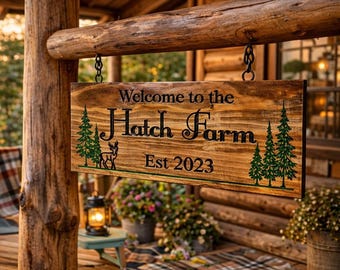 Personalized Family Farm Sign, Custom Wood Name Sign, Rustic Cabin Decor, Deer Woodland Wall Art, Established Date Gift