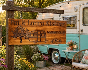 Personalized Camper Sign, Custom RV Family Name Sign, V-Carved Campsite Decor, Travel Trailer Gift, Rustic Camping Sign