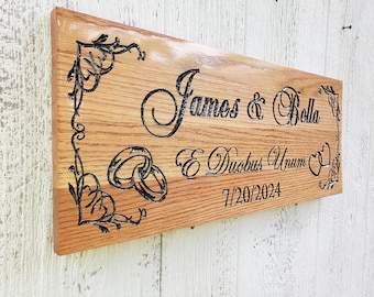 Letrero de aniversario de madera personalizado • Regalo de boda personalizado • Placa con nombre de familia grabado • Letrero con fecha de establecimiento • Decoración rústica para el hogar