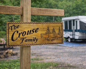 Personalized Camper Sign, Custom RV Family Name Sign, Pop Up Camper Decor, Campsite Wood Sign, Camping Gift for Families