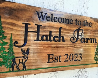 Personalized Last Name Sign with Deer & Pine Trees | Custom Cabin Decor | Family Name Plaque