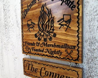 Custom Campsite Wooden Sign, Family Name Plaque