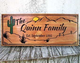 Custom Cactus House Sign | Desert Home Established Family Sign | Carved Wood Name Sign | Custom Wooden Sign | Wood Signs | Free Shipping