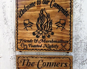 Camping Sign with Campfire, Customizable Options available,  Family Campsite Sign, Friends and Marshmallows Roasted Sign, Carved Wooden Sign