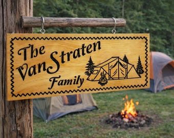 Personalized Family Campsite Sign – Custom Carved Wooden Tent Sign | Rustic Outdoor Camping Décor