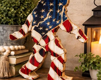 Patriotic Bigfoot Figure, American Flag Sasquatch Decor, Wooden Bigfoot Gift, Rustic USA Shelf Decor, Handmade Sasquatch Statue