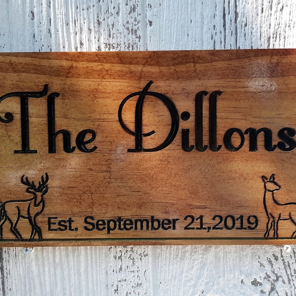 Custom Wood Sign, Custom Family Name Sign with Deer, Carved Cabin Sign, Deer and Pine Tree Sign, Personalized Home Sign, Anniversary Gift