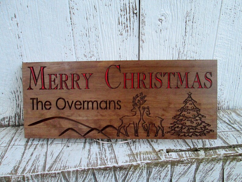 Merry Family Name Sign With Deer Personalized Image 0