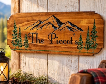 Personalized Mountain Cabin Sign – Custom Family Name Wood Sign – Rustic Lodge Decor & Wall Art