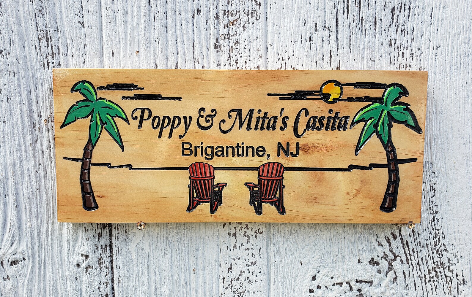 Custom Wood Beach Sign With Chairs and Palm Trees Etsy
