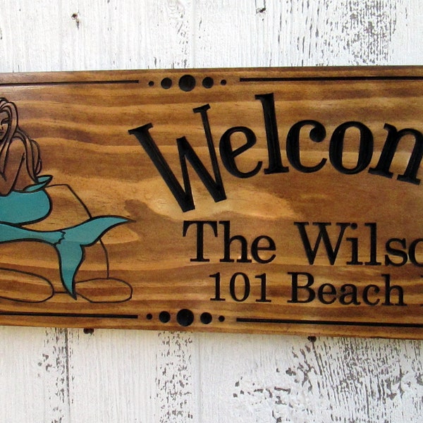 Personalized Beach house Sign with Mermaid, Customized Shore House Address Sign, House Warming Gift, Carved Wood Sign