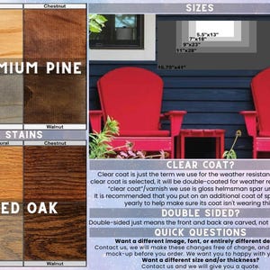 K&ouml;nnte beinhalten: Eine Produktinformationsgrafik mit Holzbeizoptionen f&uuml;r Premium Pine und Red Oak in Pecan, Chestnut, Grey und Walnut. Sie enth&auml;lt eine Gr&ouml;&szlig;entabelle mit den Ma&szlig;en 5,5x13, 7x18, 9x23, 11x28 und 16,75x41 cm sowie Text zu Klarlack und doppelseitigen Optionen.