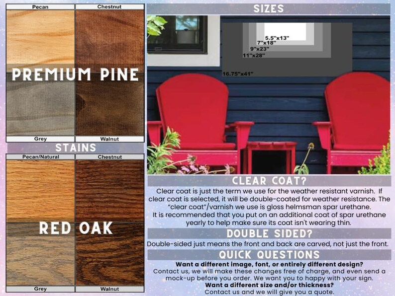 K&ouml;nnte beinhalten: Eine Produktinformationsgrafik mit Holzbeizoptionen f&uuml;r Premium Pine und Red Oak in Pecan, Chestnut, Grey und Walnut. Sie enth&auml;lt eine Gr&ouml;&szlig;entabelle mit den Ma&szlig;en 5,5x13, 7x18, 9x23, 11x28 und 16,75x41 cm sowie Text zu Klarlack und doppelseitigen Optionen.