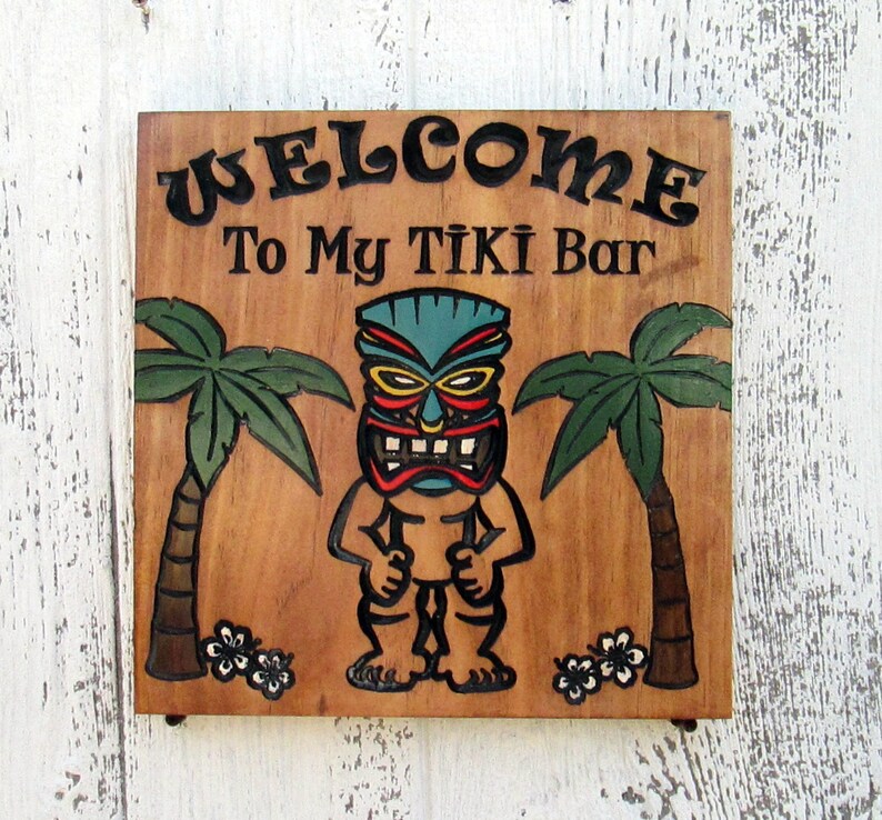 Tiki Bar Sign Carved Wooden Sign Hand Painted Custom Sign Etsy