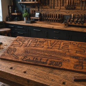 K&ouml;nnte beinhalten: Ein rechteckiges Holzschild mit dunkelbrauner Maserung, das den eingravierten Text "STEVE'S WORKSHOP" und "ESTABLISHED 2018" tr&auml;gt. Das Schild enth&auml;lt auf der Vorderseite ge&auml;tzte Abbildungen eines Ma&szlig;bandes und einer Bohrmaschine.
