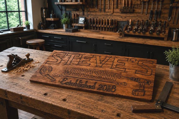 Personalized Wood Shop Sign, Custom Workshop Décor, V-Carved Wooden Shop Sign, Woodworker Gift