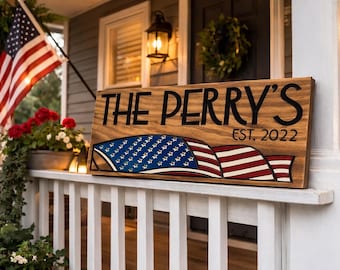 Letrero personalizado con apellido y bandera estadounidense – Decoración patriótica de madera personalizada – Regalo para familia militar – Regalo para veteranos – Letrero rústico para acampar