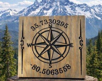 Custom Latitude Longitude Wood Sign, Personalized Coordinates Sign, Carved Family Name Sign, Rustic Wedding Gift, Housewarming Décor