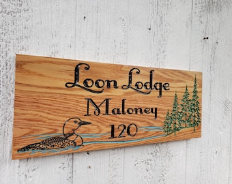 Letrero de madera personalizado de Loon: Arte de pared de casa del lago tallado en V