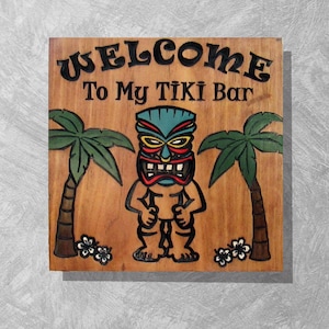 Hand-Painted Tiki Bar Sign: Carved Wood, Beach Decor