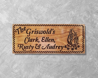Personalized Family Camping Sign: Carved Wood Campsite Decor