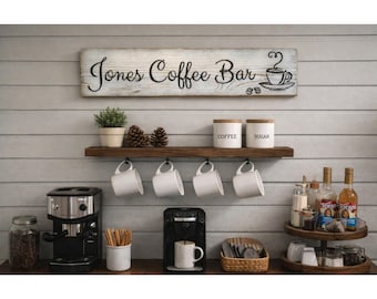 Custom Coffee Bar Sign, Carved Distressed Wooden Sign, Rustic Farmhouse Kitchen Decor, Painted Wood Sign