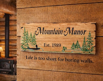 Letrero de madera personalizado con borde natural: decoración de cabaña tallada, casa rústica de montaña