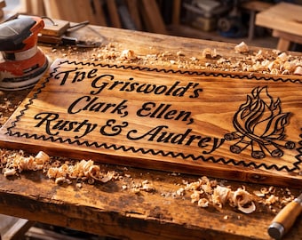 Letrero de madera personalizado para fogata / Letrero de madera tallada personalizado para acampar / Decoración exterior con nombre de familia