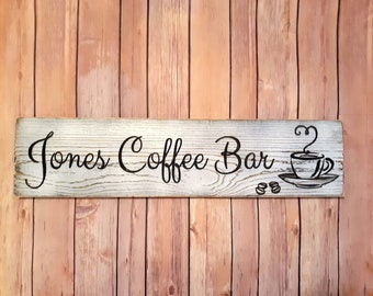 Custom Coffee Bar Sign, Carved Distressed Wooden Sign, Rustic Farmhouse Kitchen Decor, Painted Wood Sign