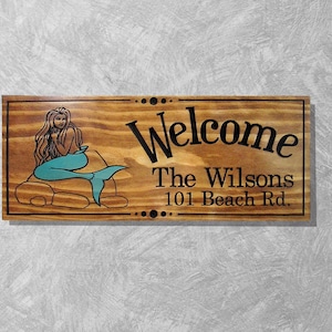 Personalized Mermaid Beach House Sign: Carved Wood Address Plaque