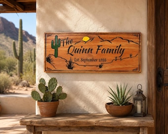 Personalized Desert Wood Sign – Custom Cactus Southwest Wall Art – Boho Rustic Décor