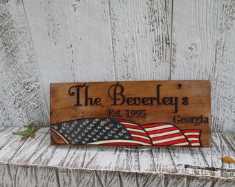 Family Sign with American Flag, Wooden Sign, Military Family or Veteran gift, Personalized Family Wall Plaque, Free Shipping, Flag 101