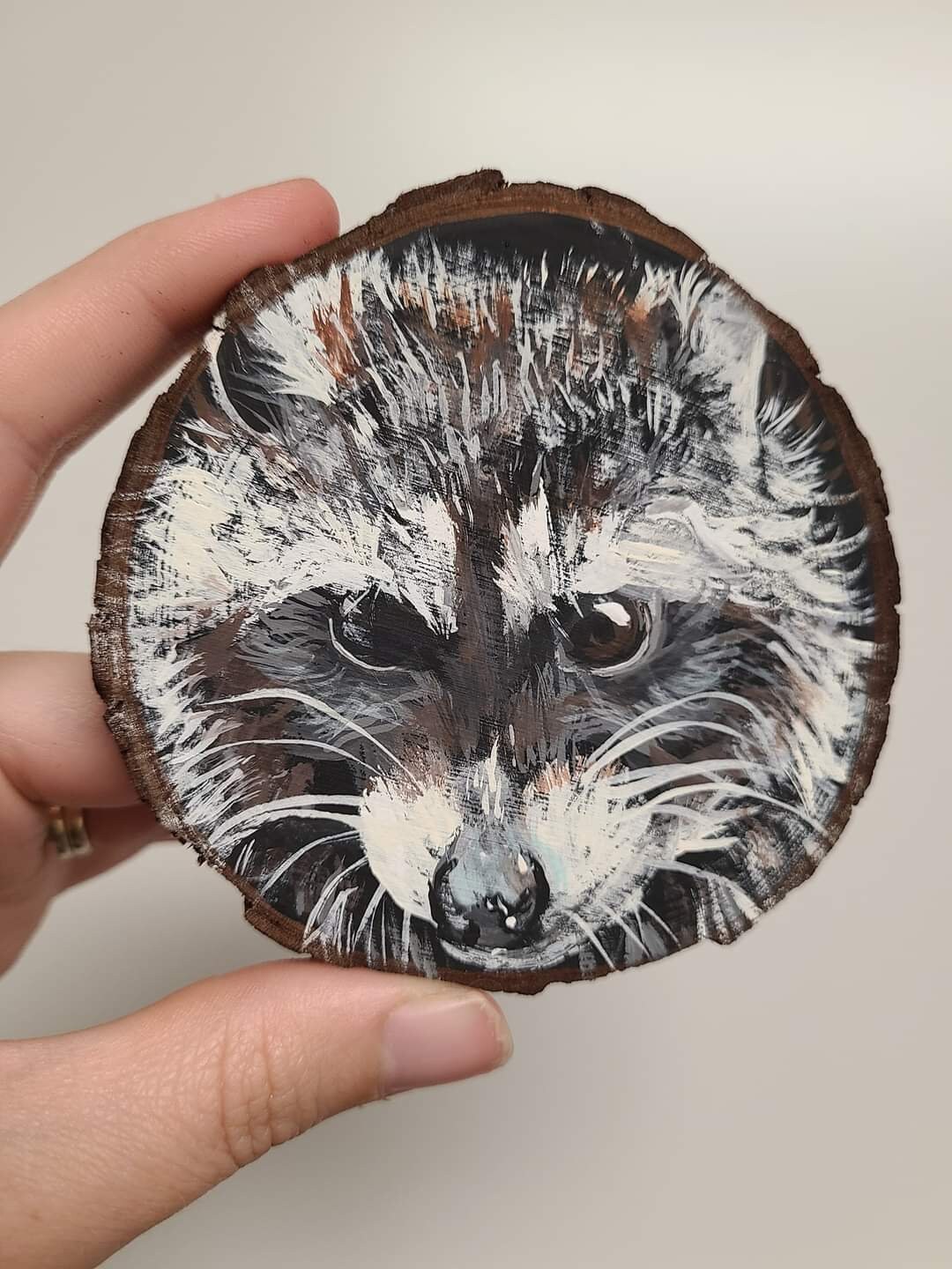 Rustic Original Acrylic Raccoon Painting on Wood Slice With Plastic ...