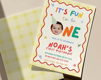 Colorful First Birthday Invitation, Fun To Be One 1st Birthday Party Invite, Bright and Cheerful Invite, Boy Bday Party